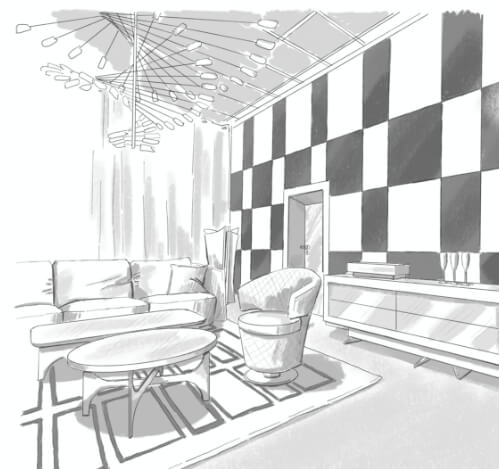 Skizze der Innenarchitektur eines Autohaus in Bad Homburg